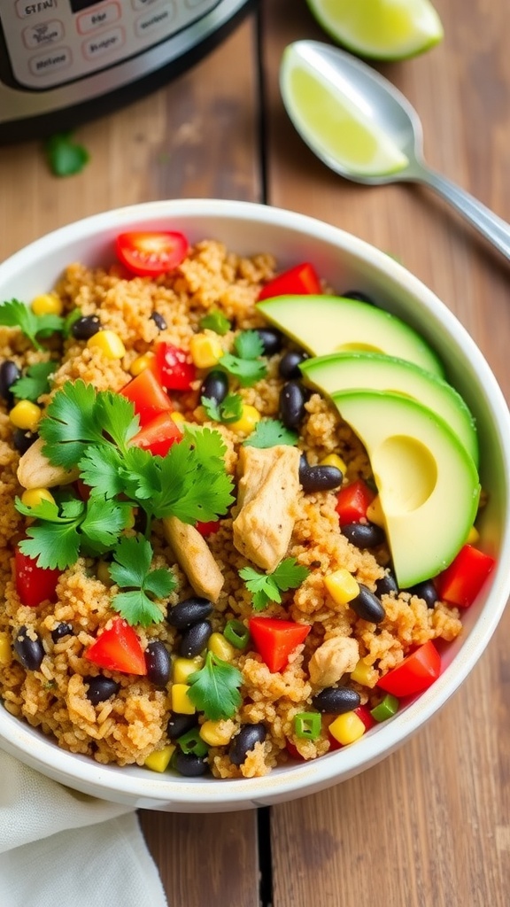 A bowl of Mexican quinoa with chicken, black beans, corn, and bell peppers, garnished with cilantro and avocado.